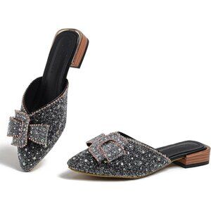 Women's Black Flats Comfortable Soft Insole Pointed Cherry Rivert Mule Shoes